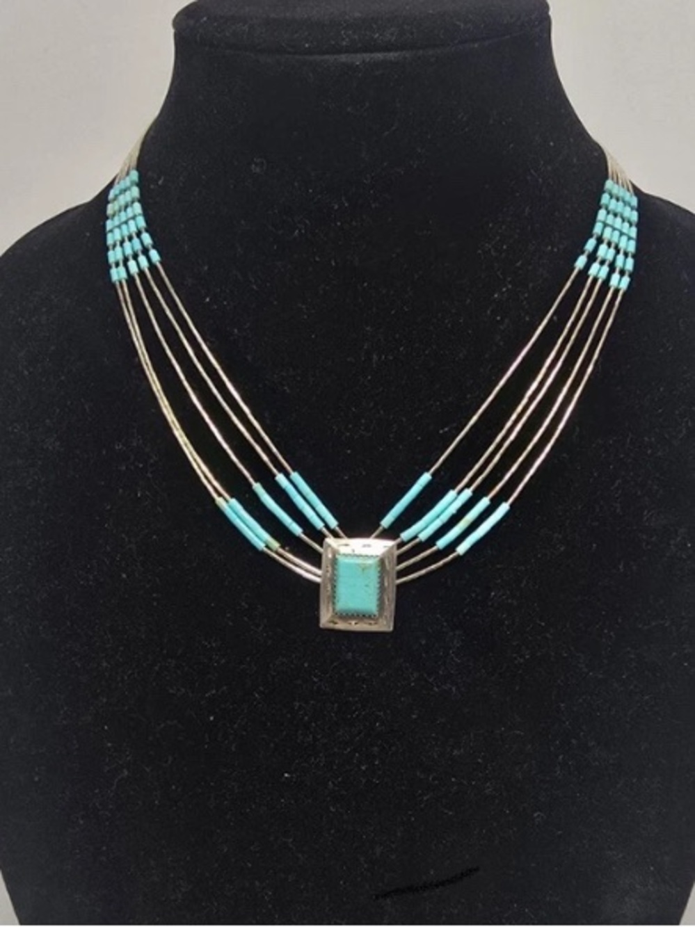 Women's Turquoise Heishi 5 Strand Sterling Silver Navajo .925 Signed Necklace